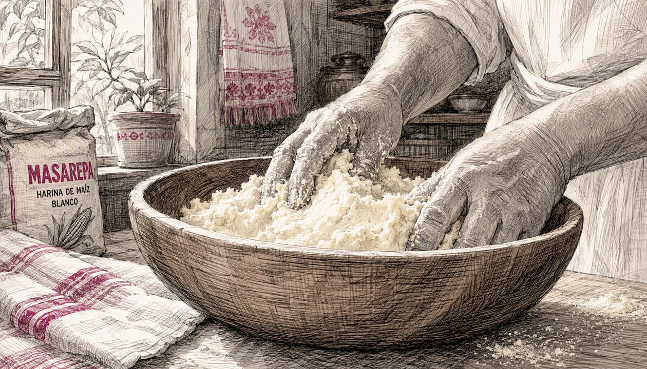 Hands mixing smooth masarepa dough in bowl
