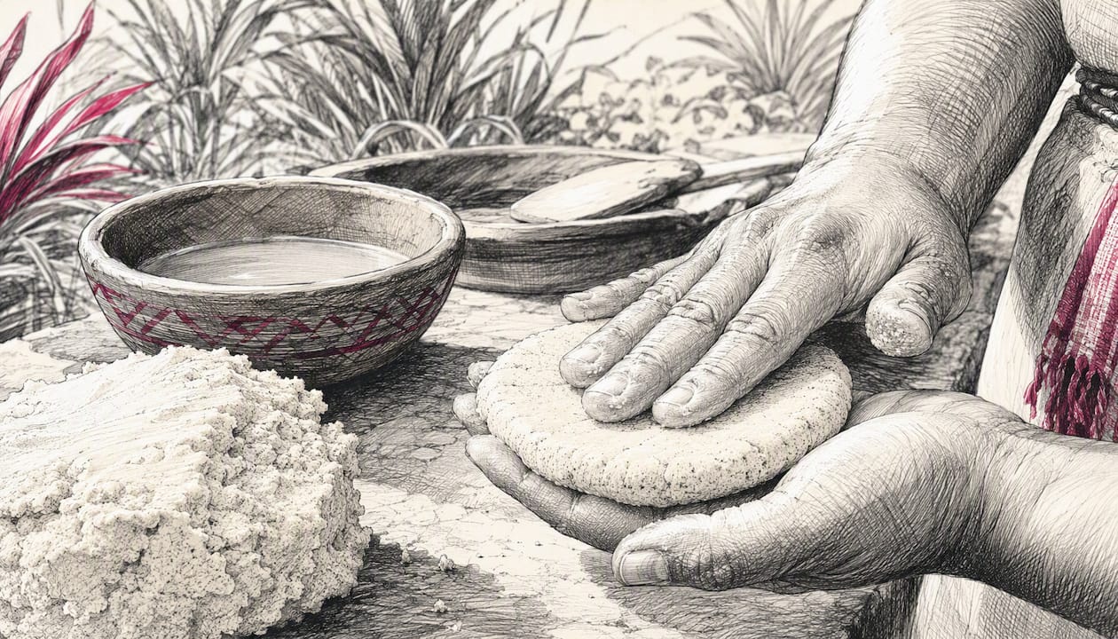 Hand shaping coarse masa harina dough for gordita