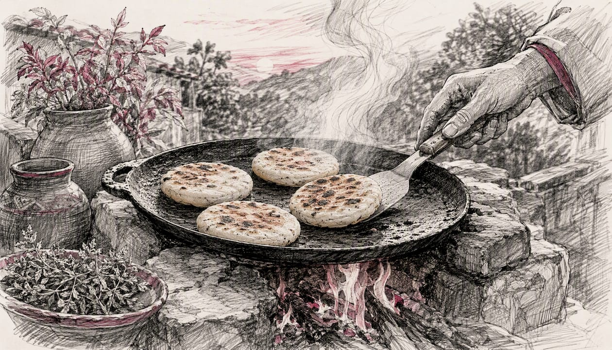 Arepas cooking on cast iron griddle over open fire