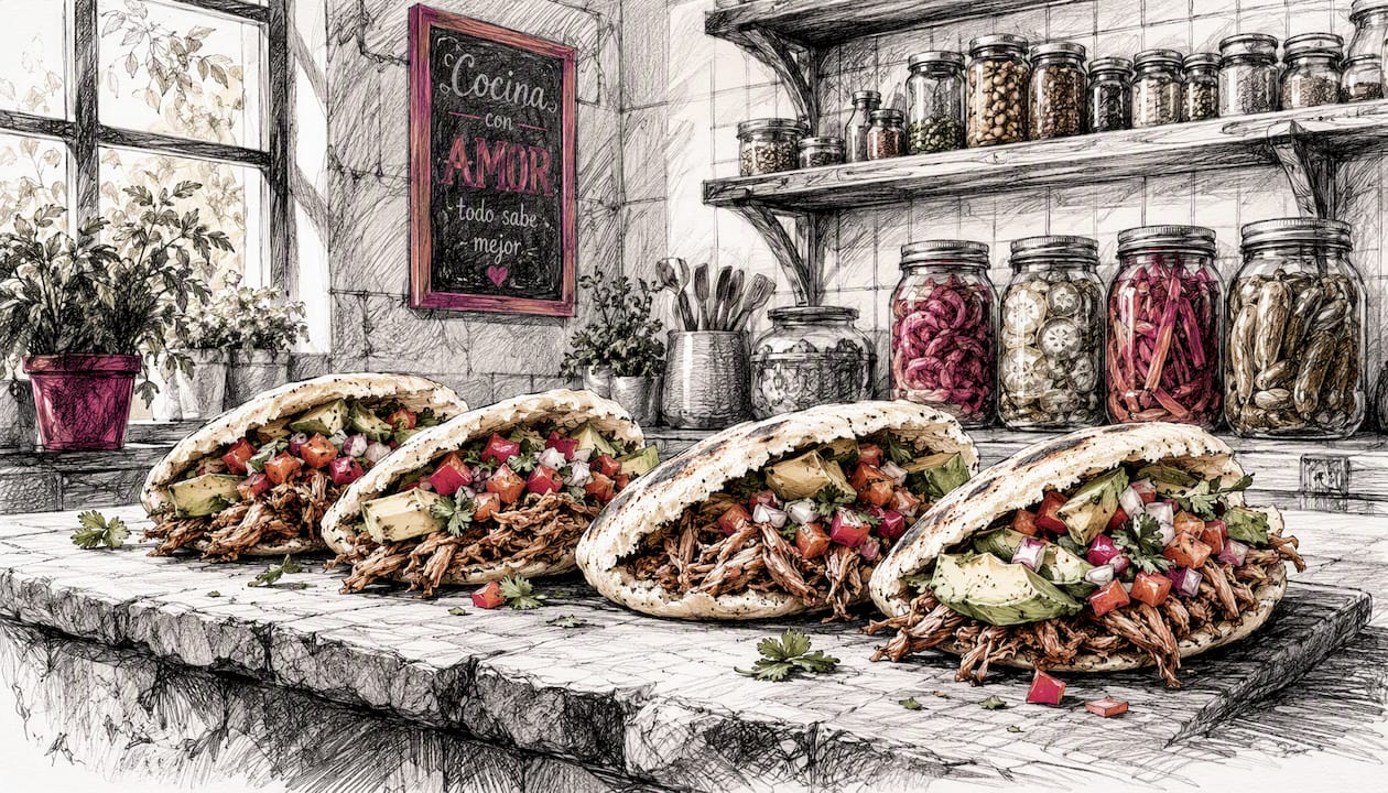 Split arepas with assorted fillings on wooden board