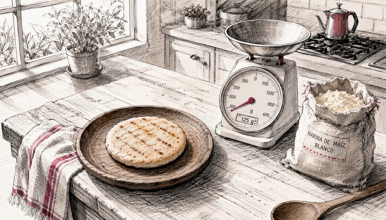 Grilled arepa with kitchen scale on counter