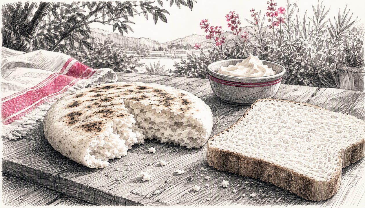 Arepa and white bread side by side on wood