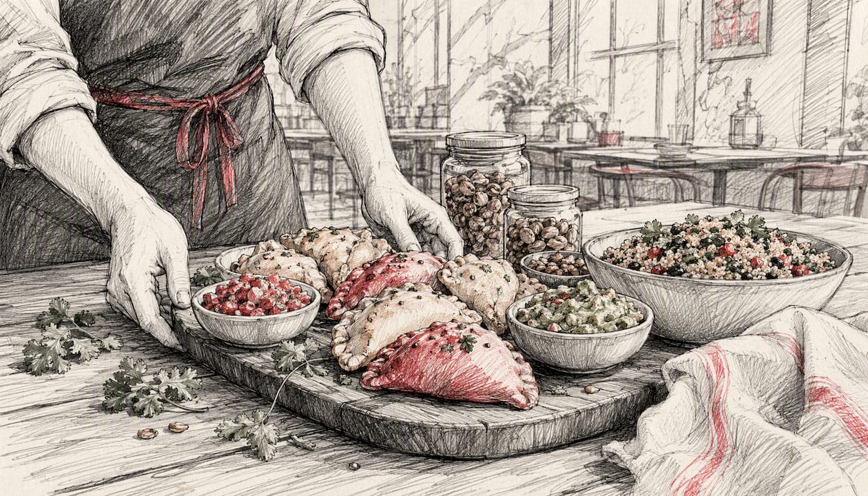 Hands arranging bar snack platter on kitchen counter