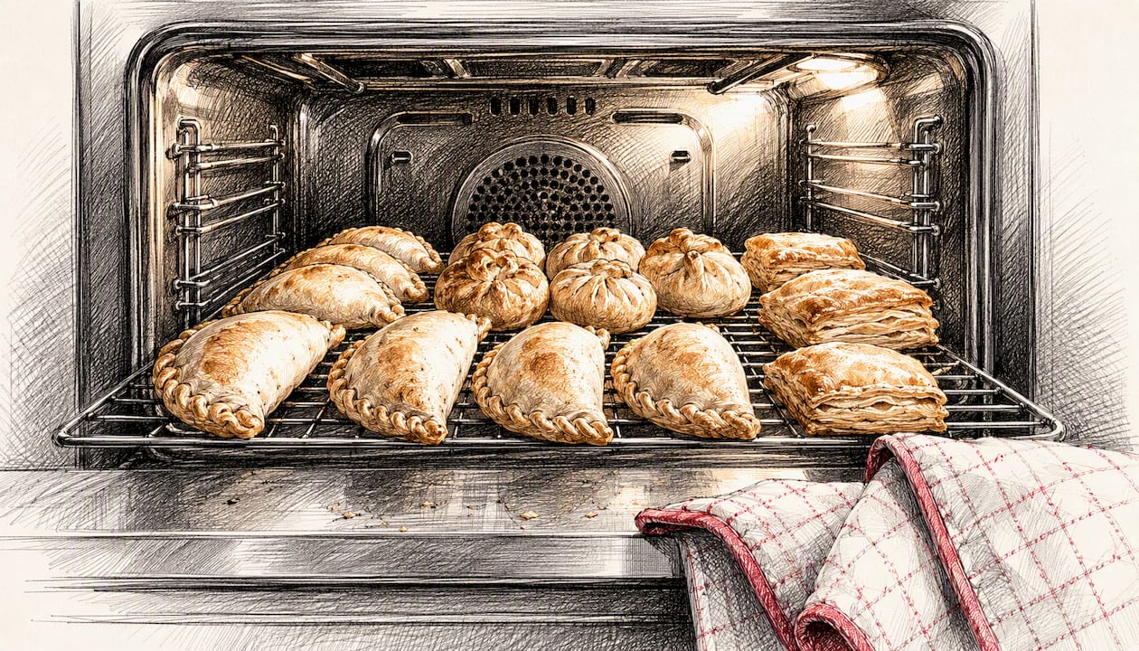 Pastries and empanadas reheating in oven