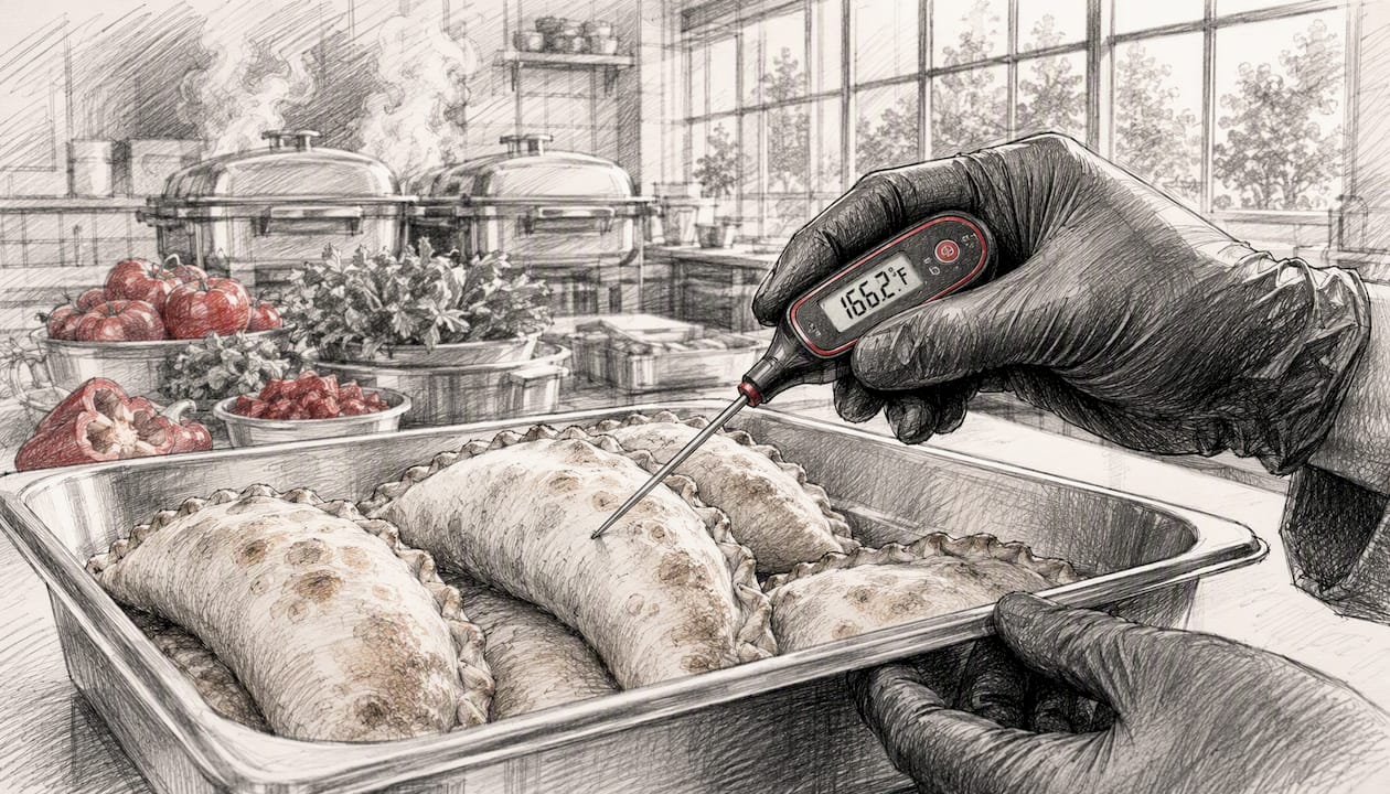 Caterer measuring food core temperature with probe