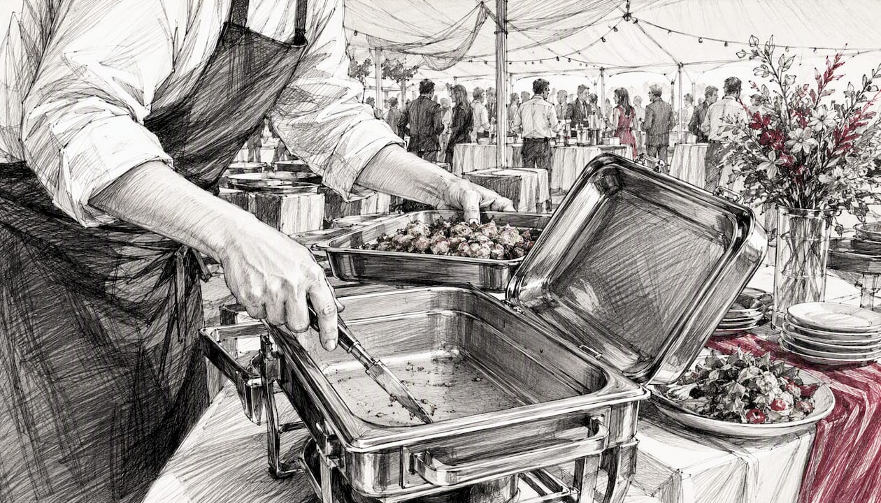 Catering staff transferring food after chafing dish failure