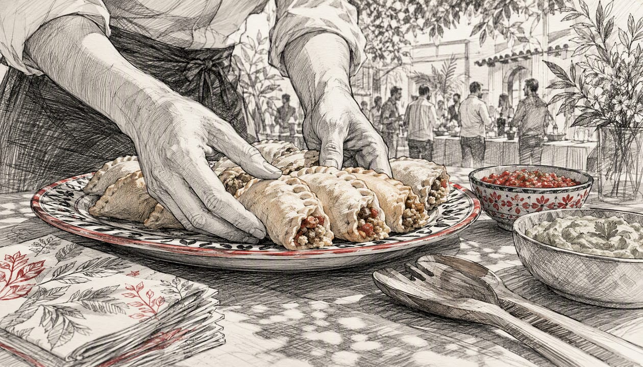 Hands arranging empanadas on serving tray