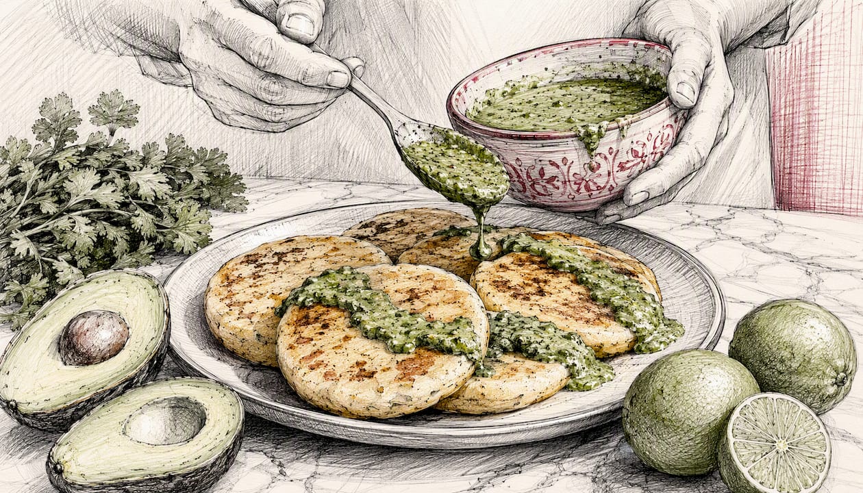 Hands pouring guasacaca sauce over arepas
