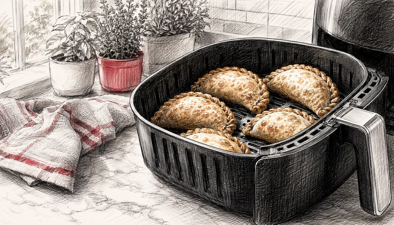 Air fryer basket with cooking empanadas