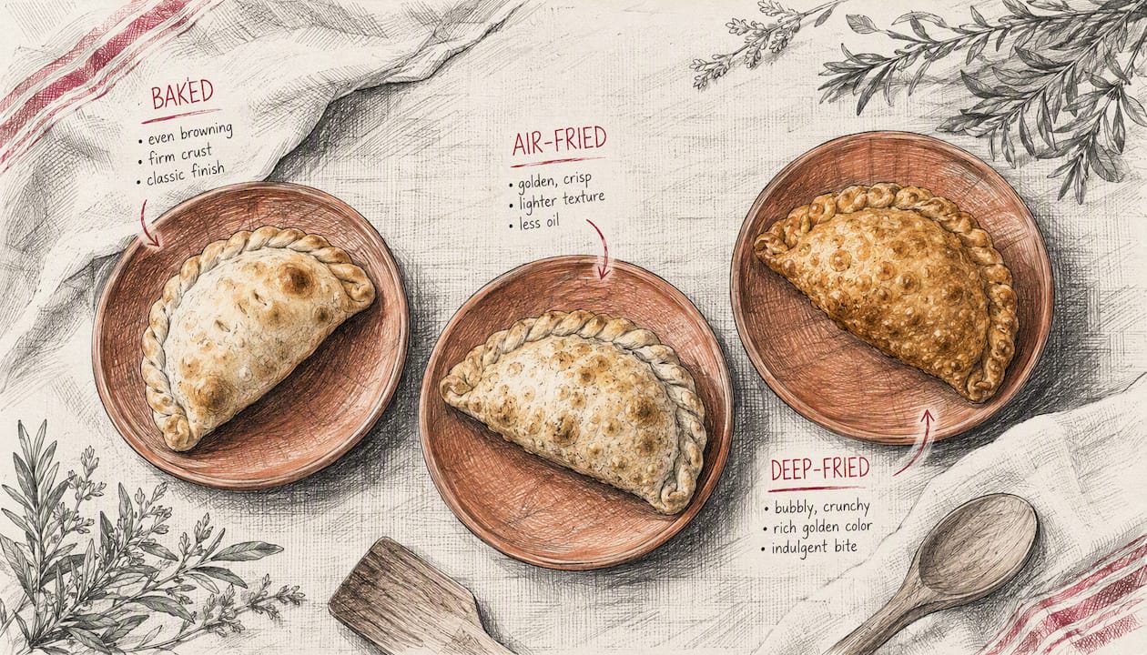 Empanadas cooked by baking, air-frying, and deep-frying
