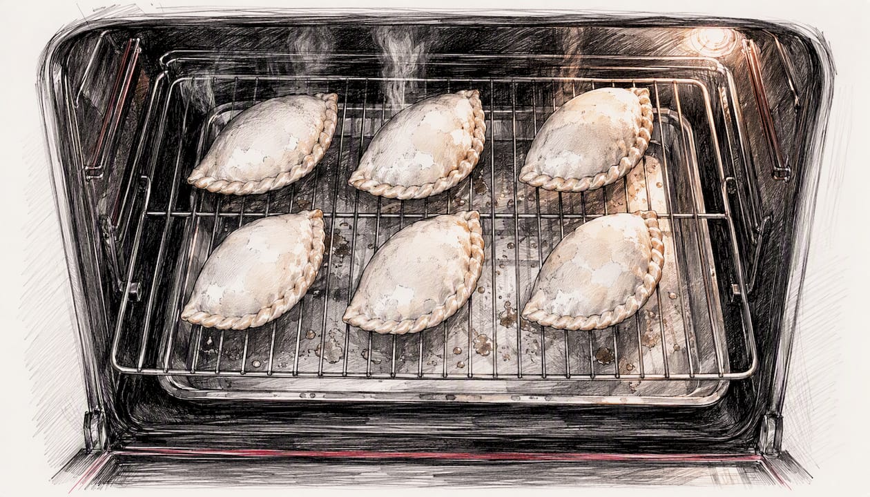 Frozen empanadas baking on wire rack in oven