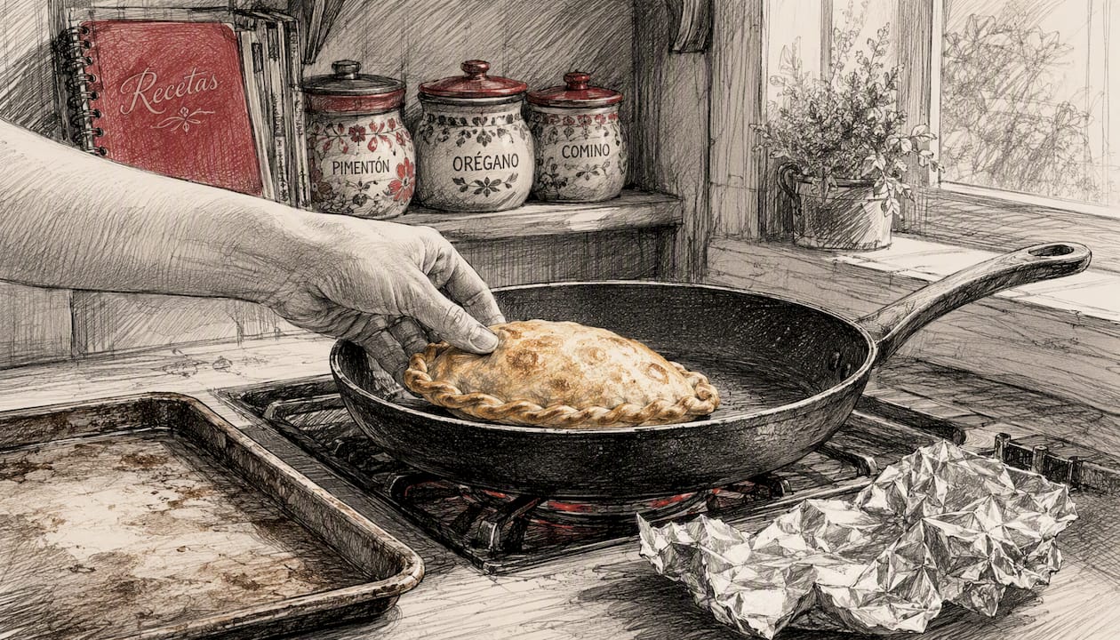 Hand crisping empanada in skillet with foil tent