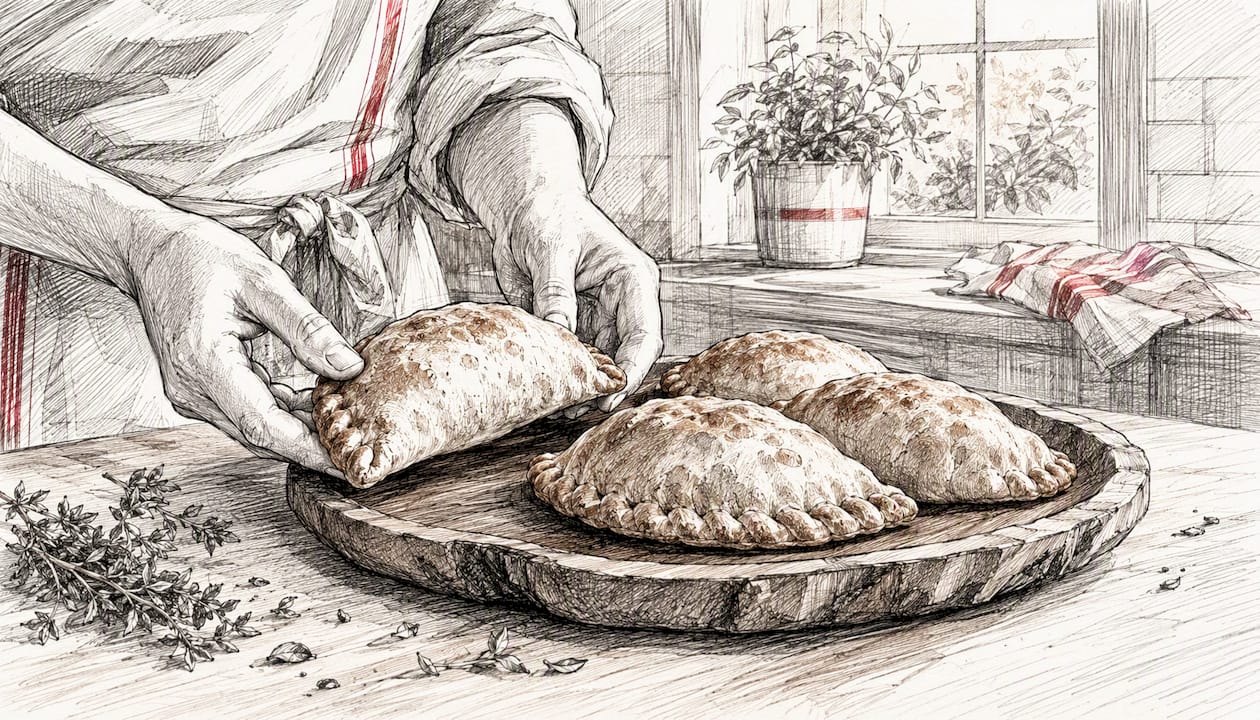Hands removing crispy empanadas from oven