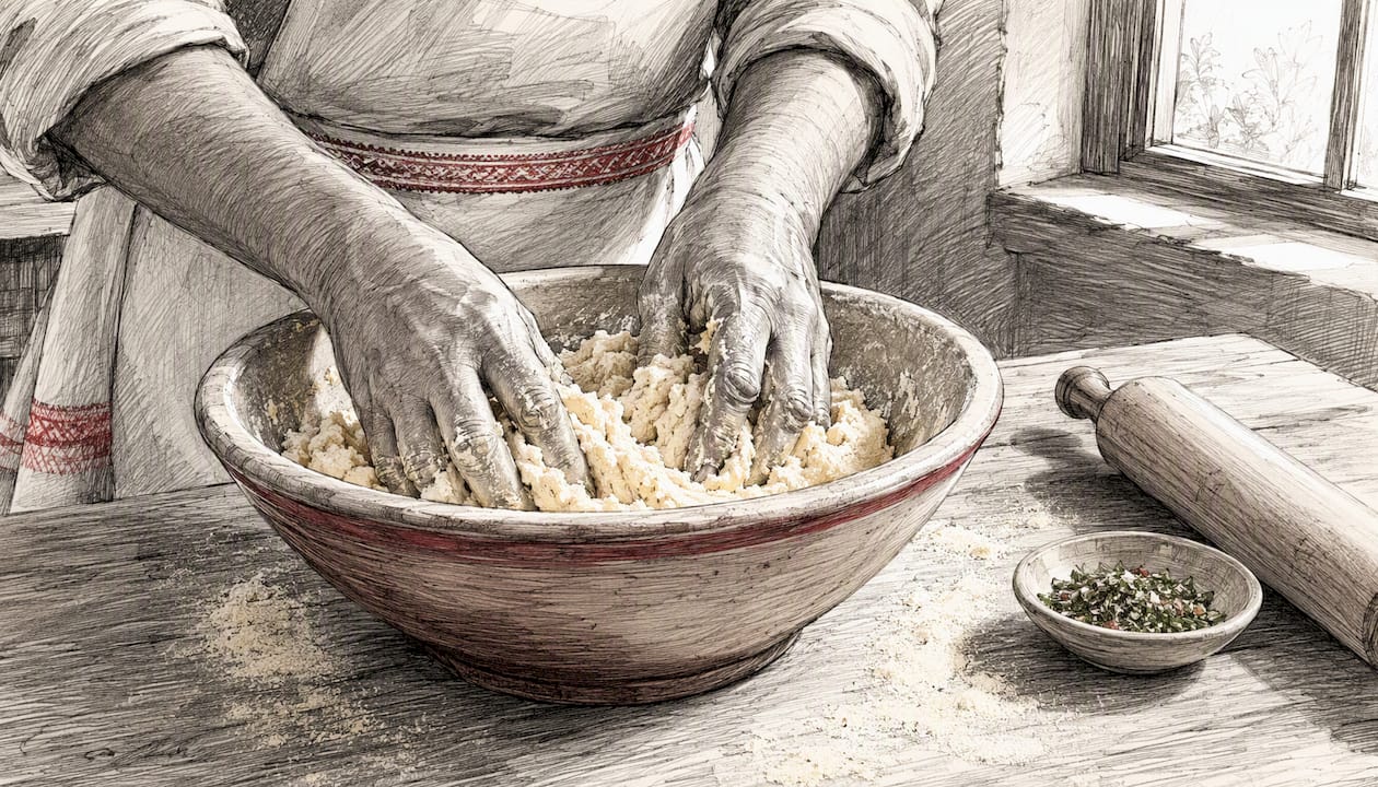 Hands mixing arepa dough in bowl