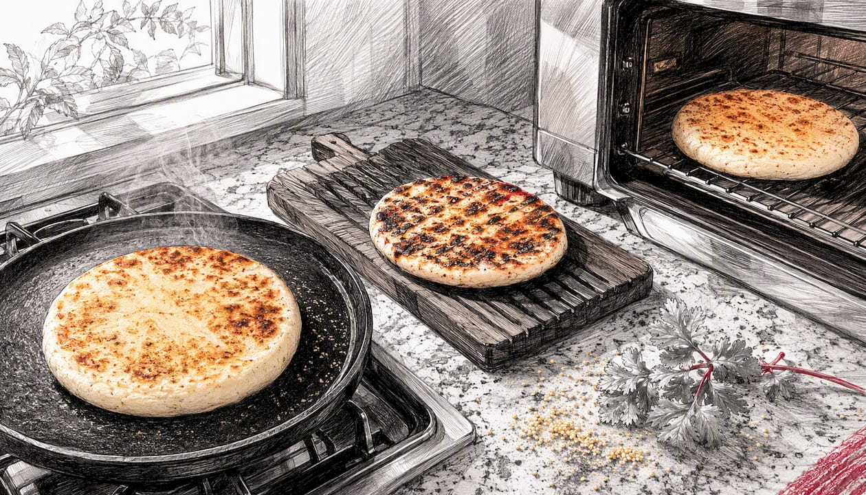 Three arepas cooked by pan-frying, grilling, and baking