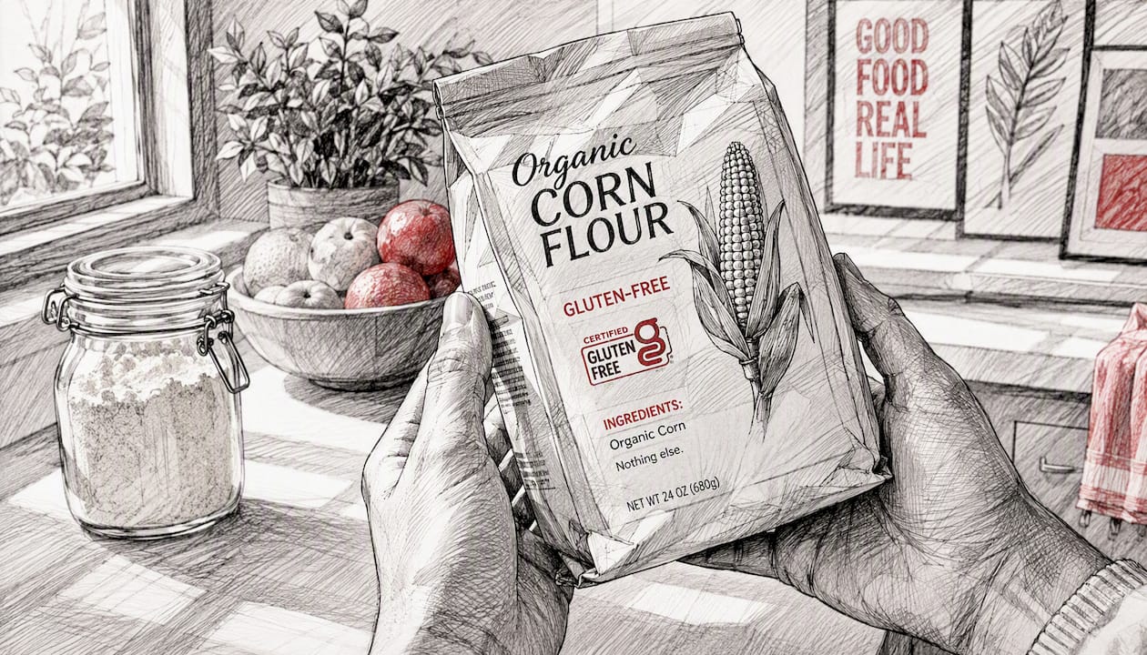 Hands reading gluten-free label on flour package