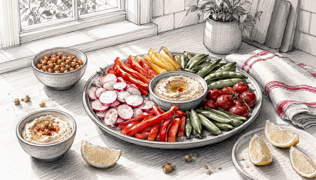 Crudité platter with dips and roasted chickpeas