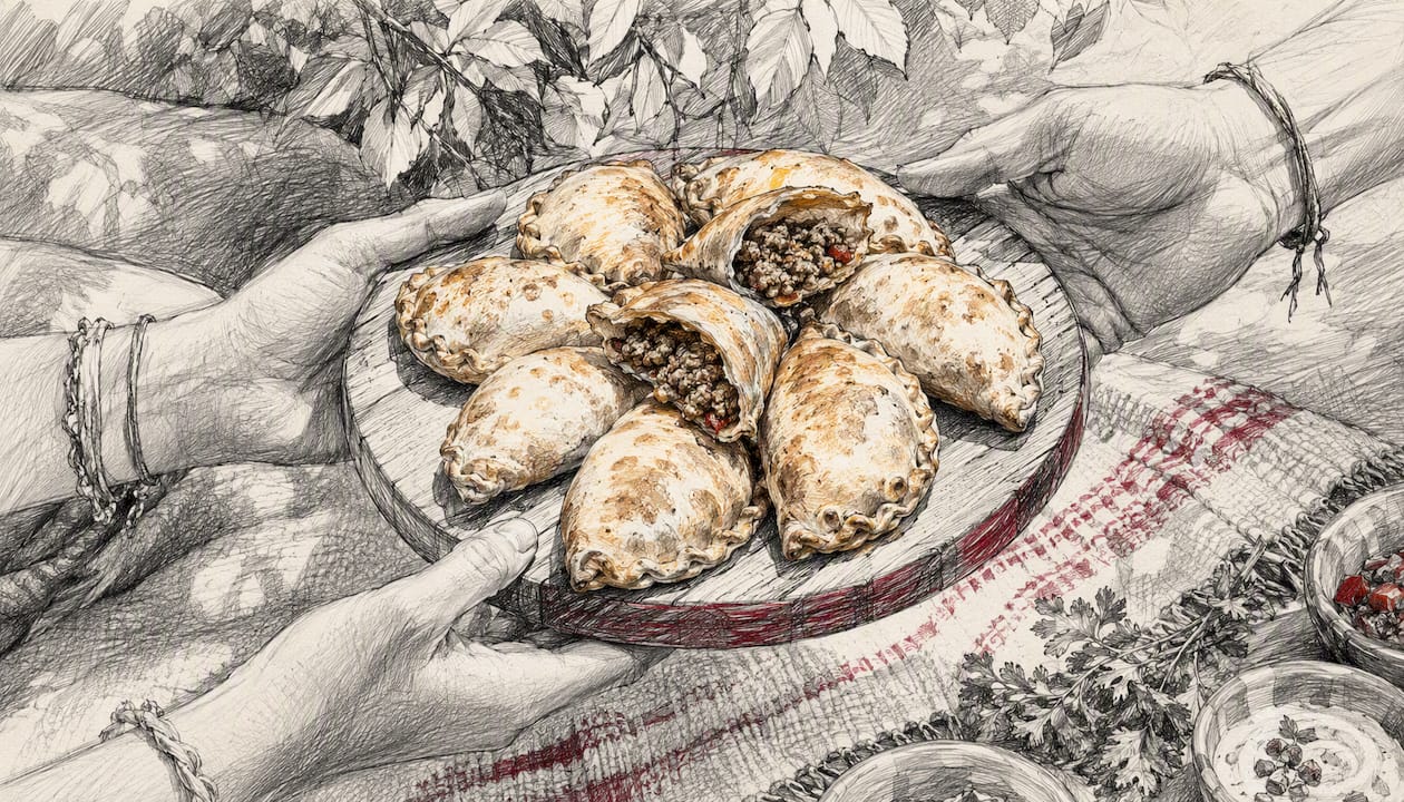 Hands serving platter of empanadas