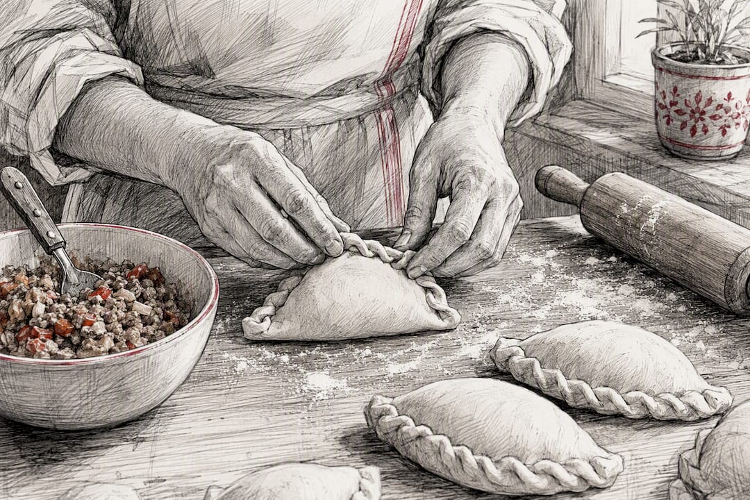 Hands folding authentic empanada dough
