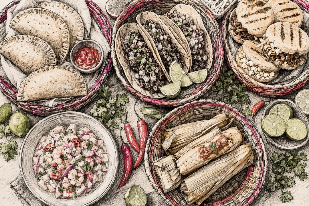 Overhead of assorted Latin street food dishes