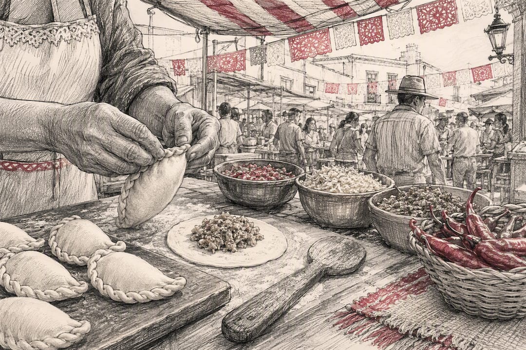 Hands folding empanada dough at street food stall
