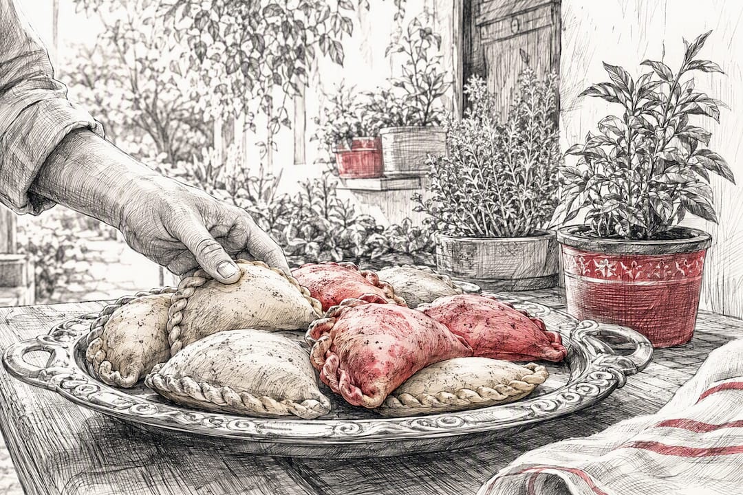 Hand arranging empanadas on platter