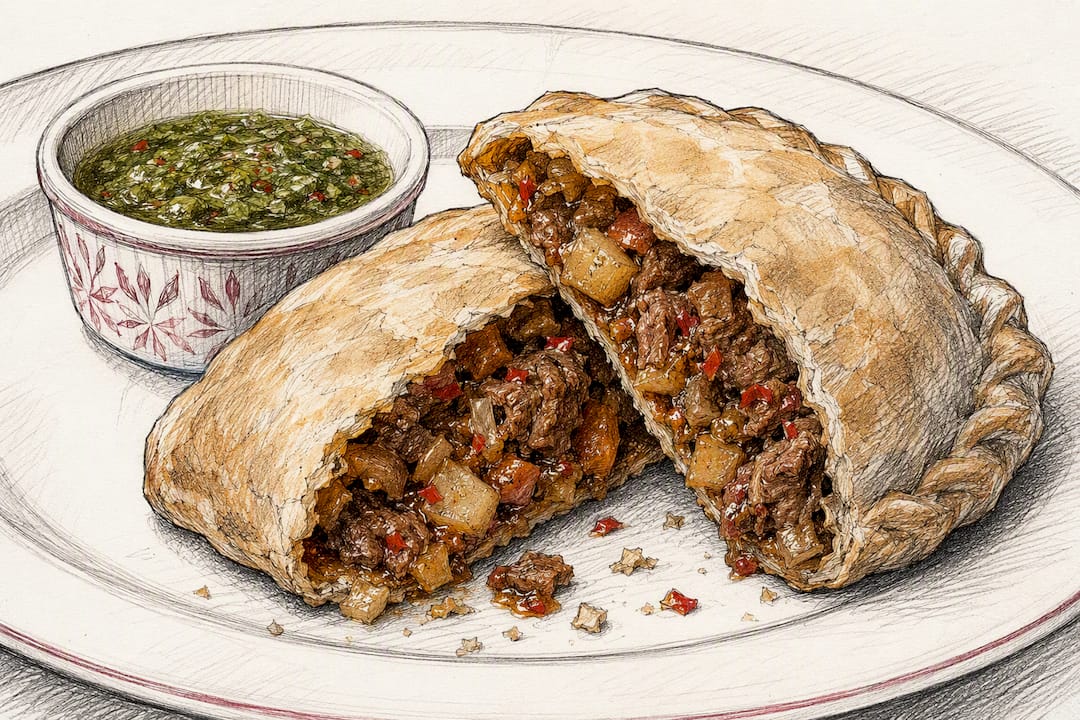 Sliced spicy Salteña empanada with chili sauce