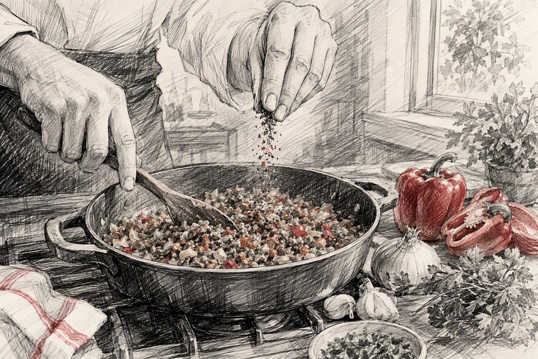 Hands stirring empanada filling in pot