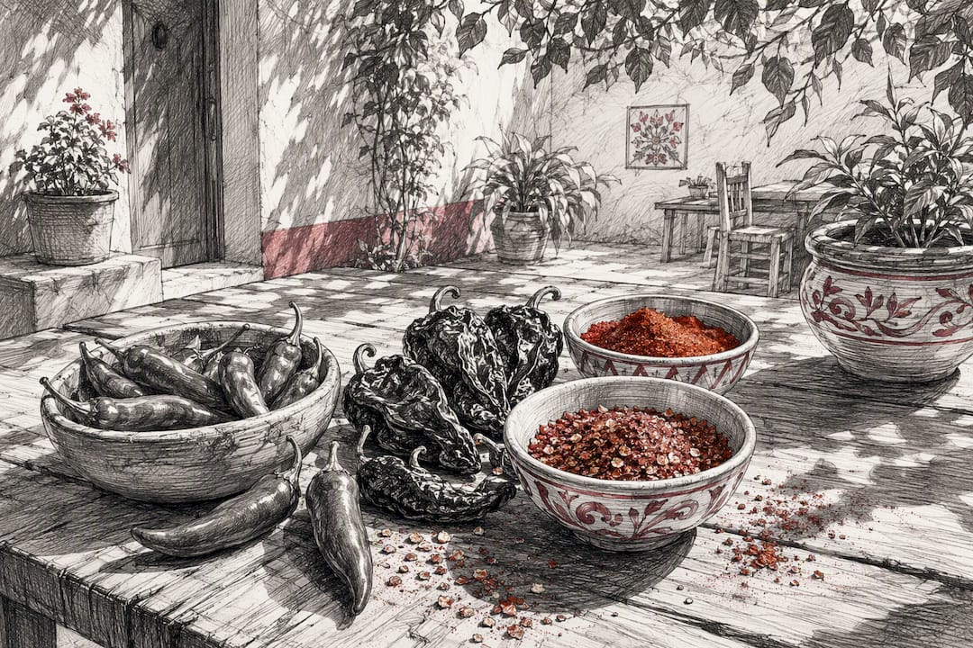 Fresh and dried chili peppers with spices