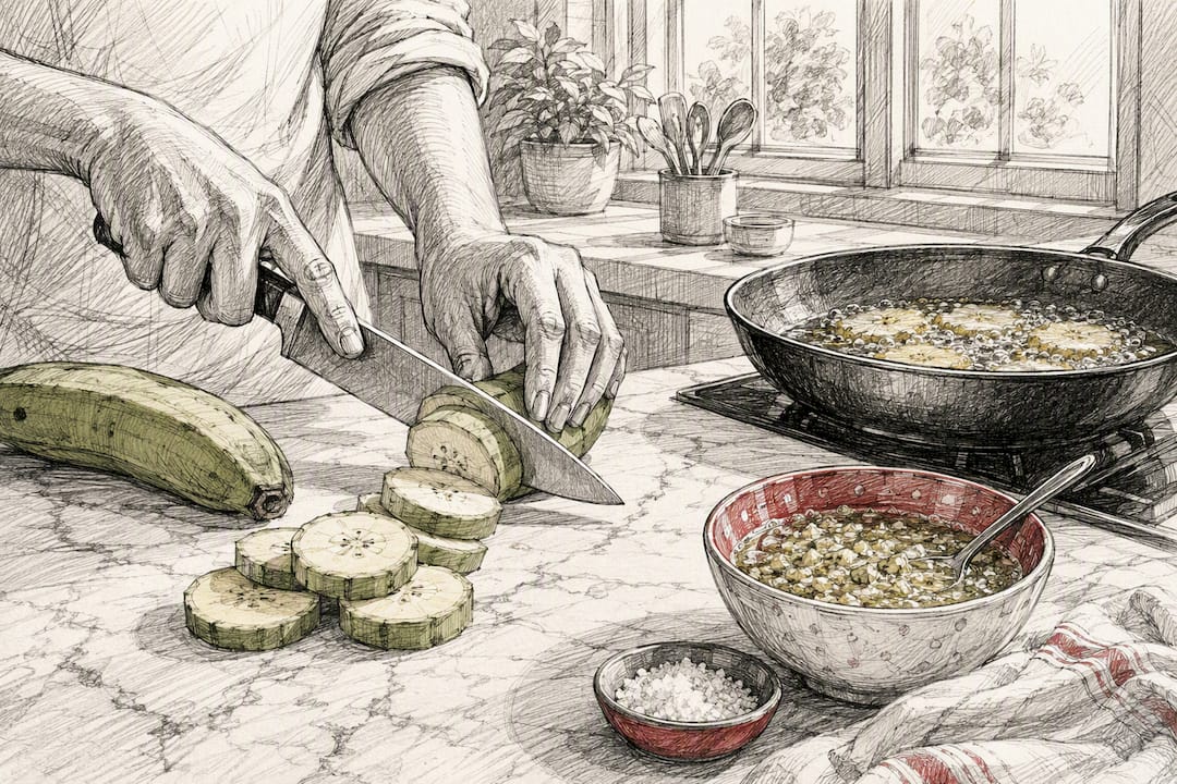Hands slicing plantains for tostones frying