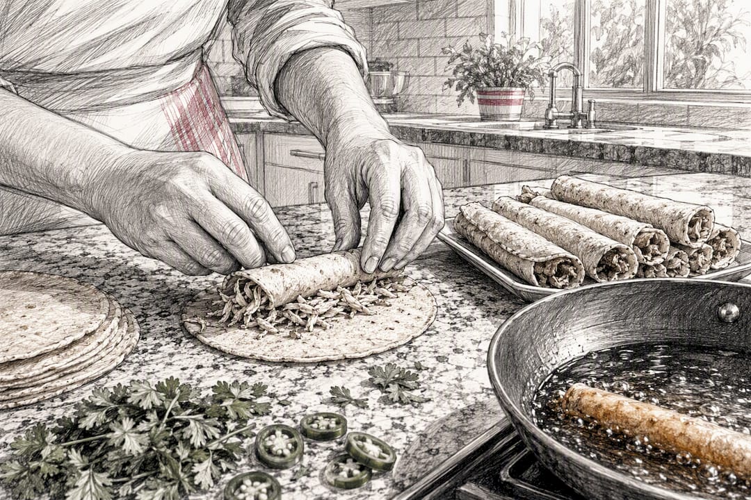 Hands rolling and frying chicken taquitos