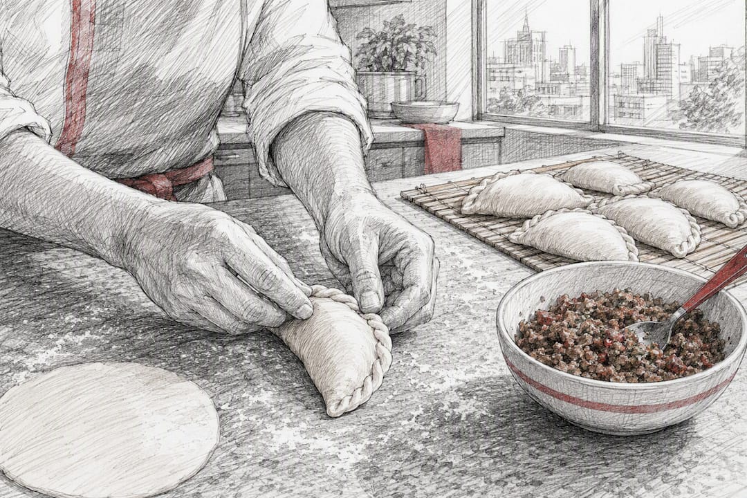 Hands folding traditional beef empanada