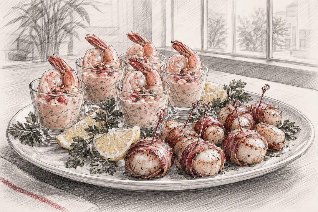 Platter with bacon-wrapped scallops and prawn cocktail cups