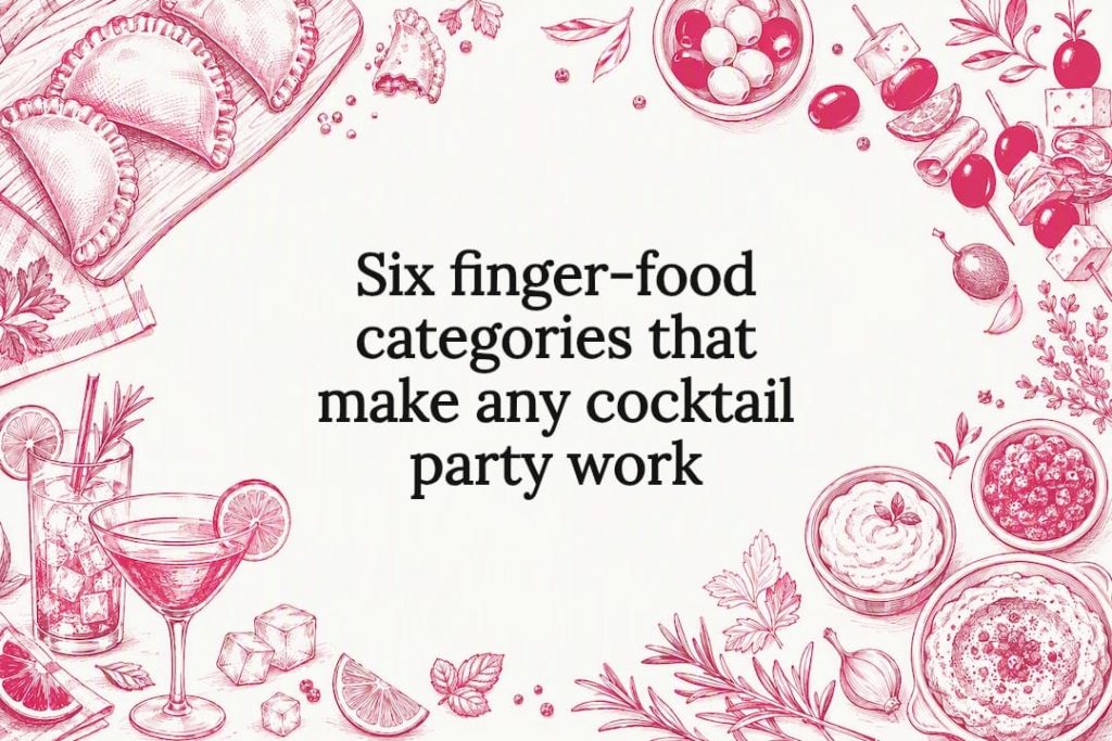 Decorative title card sketch with finger food and cocktail motifs