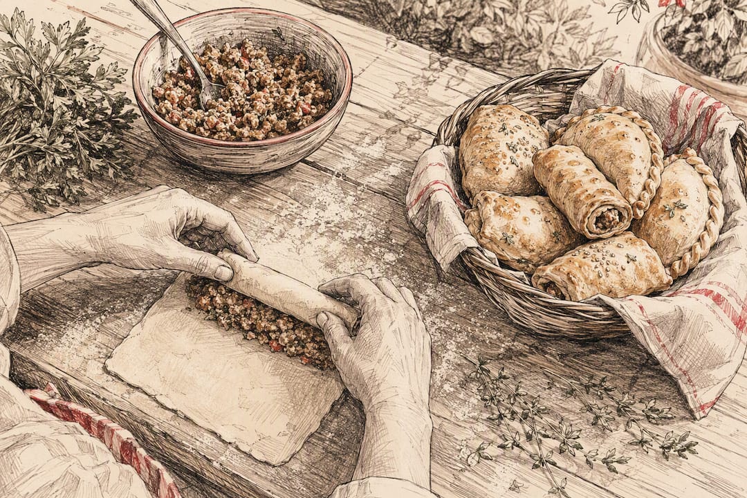 Hands assembling pastry handhelds on countertop