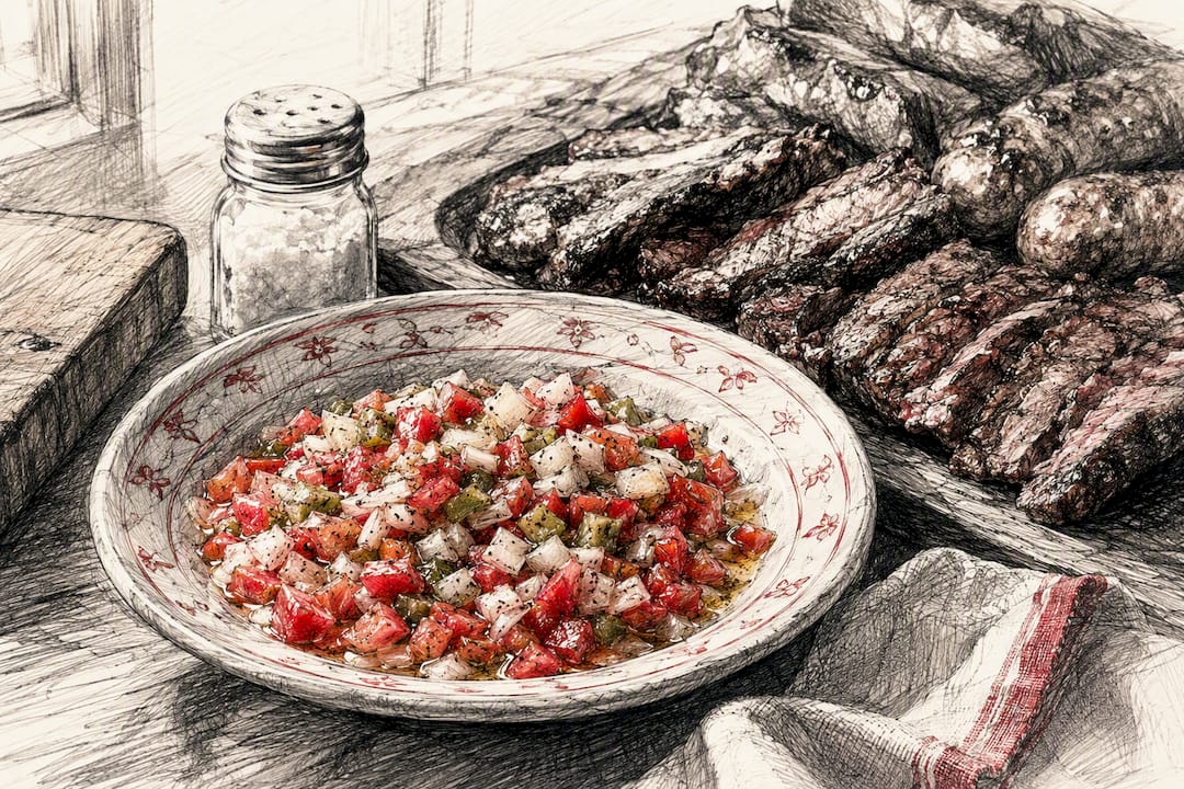 Argentinian salsa criolla on grilled meat plate