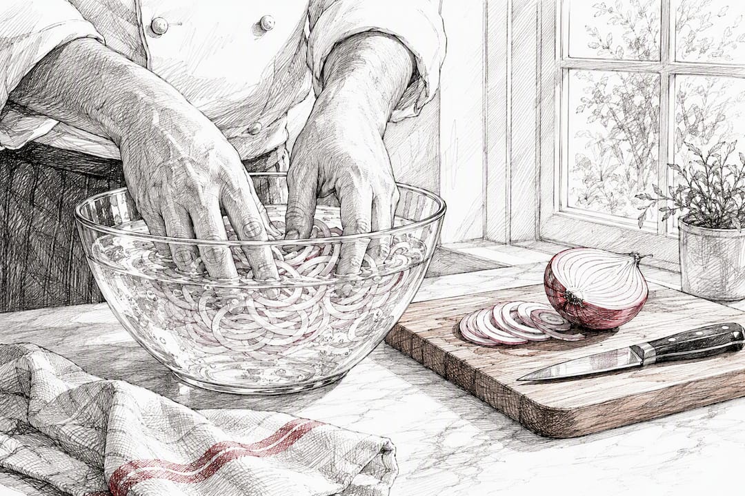 Hands soaking thinly sliced onions in bowl