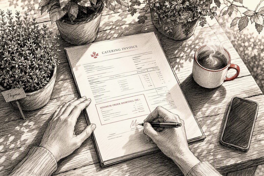 Hands signing catering invoice with shortfall fee