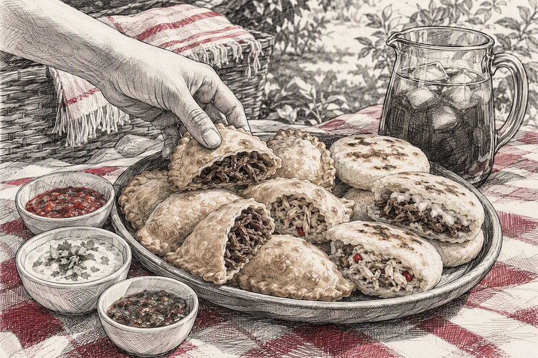 Hand reaching for empanada on ready-to-serve platter