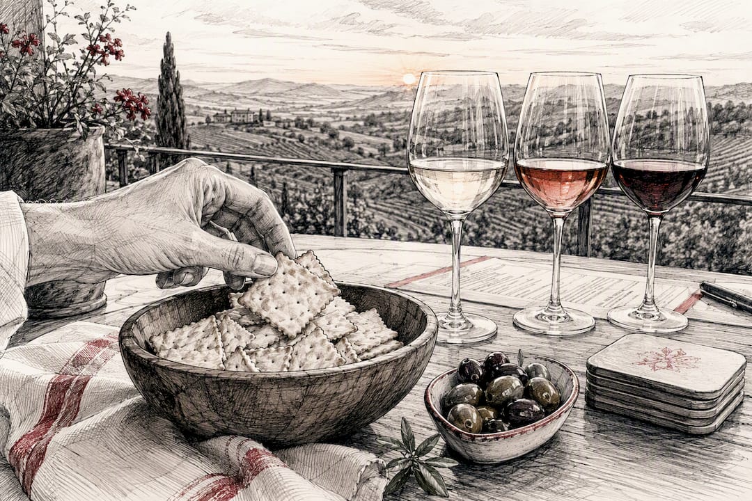 Hand picking salty pretzels from bowl at wine tasting